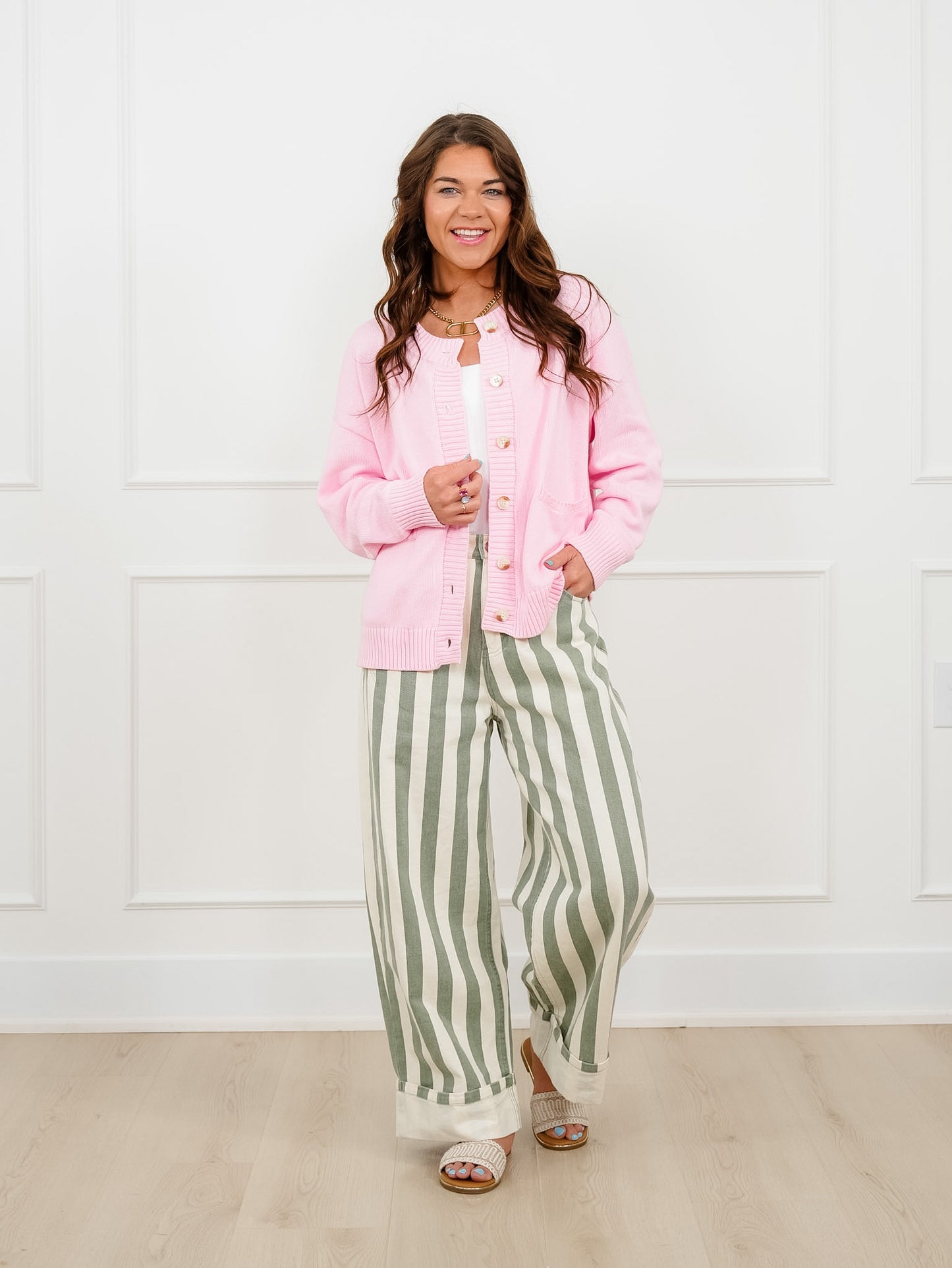 Pink Long Sleeve Button Down Cardigan With Pockets