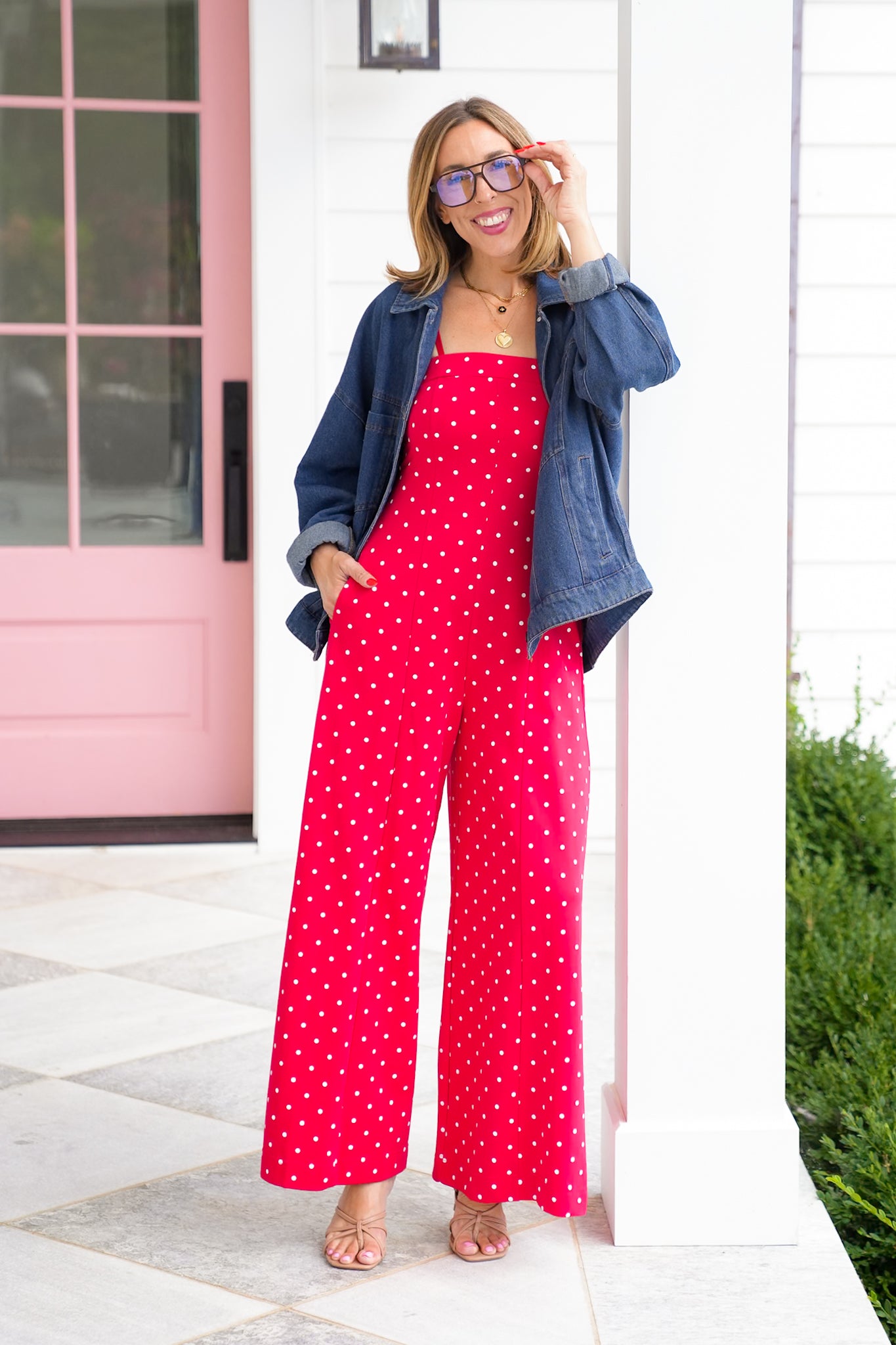 Restock! Plus/Reg Red Polka Dot Print Strapless Wide Leg Jumpsuit