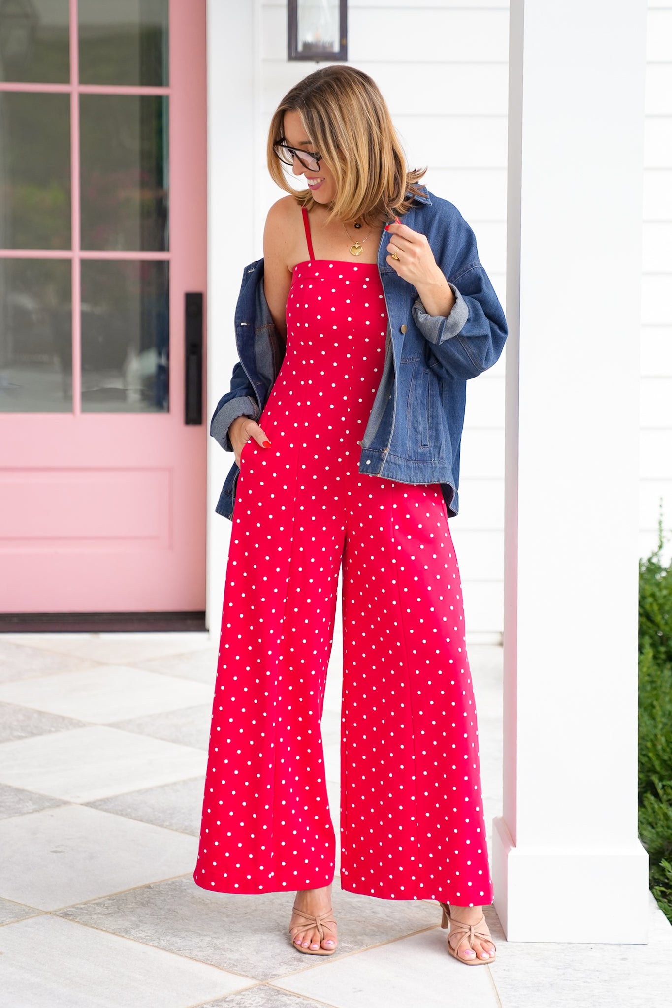 Restock! Plus/Reg Red Polka Dot Print Strapless Wide Leg Jumpsuit