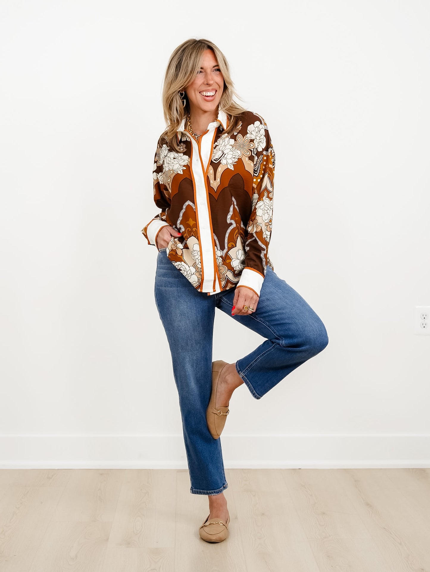 Plus/Reg Retro Printed Long Sleeve Button Down Top