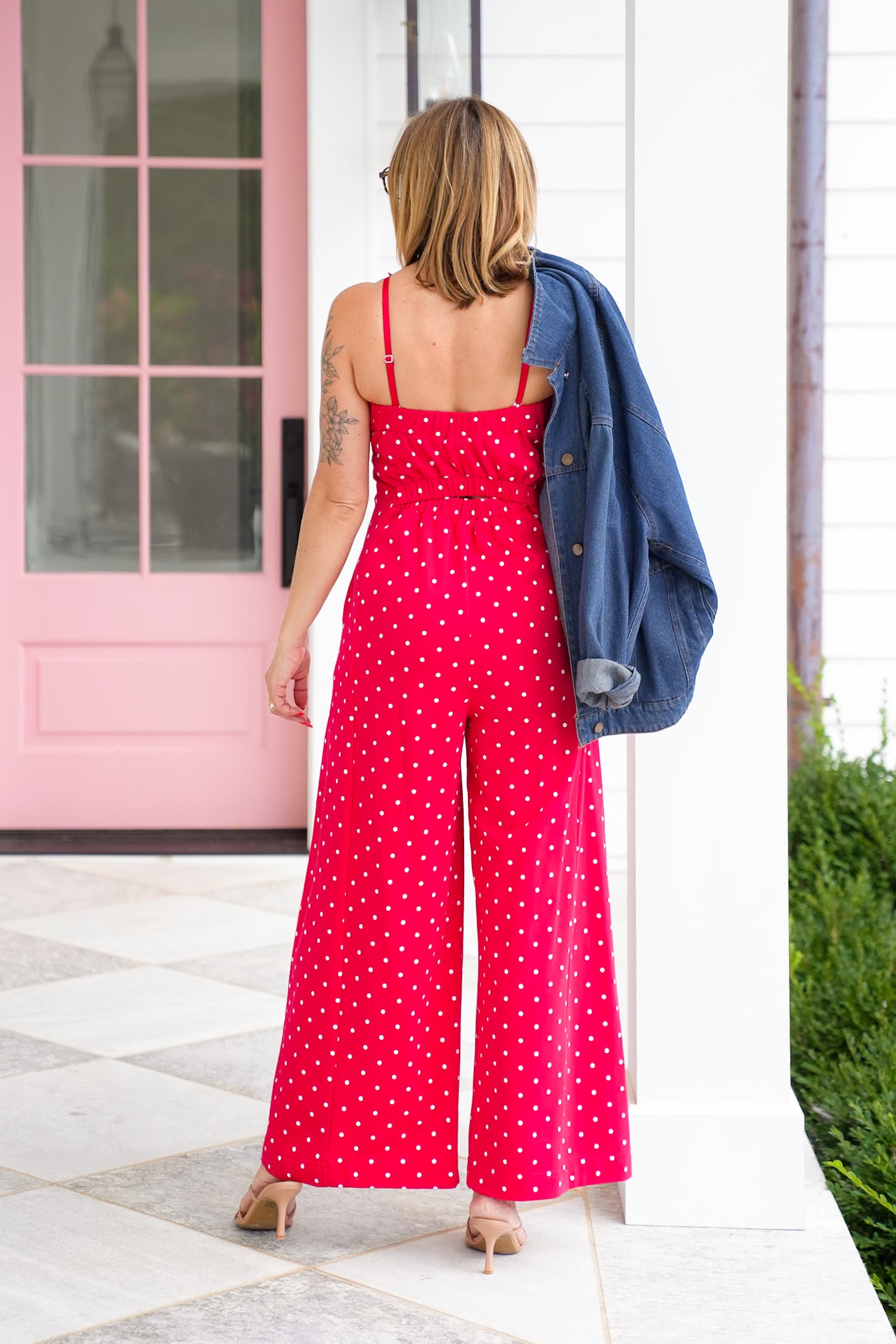 Restock! Plus/Reg Red Polka Dot Print Strapless Wide Leg Jumpsuit