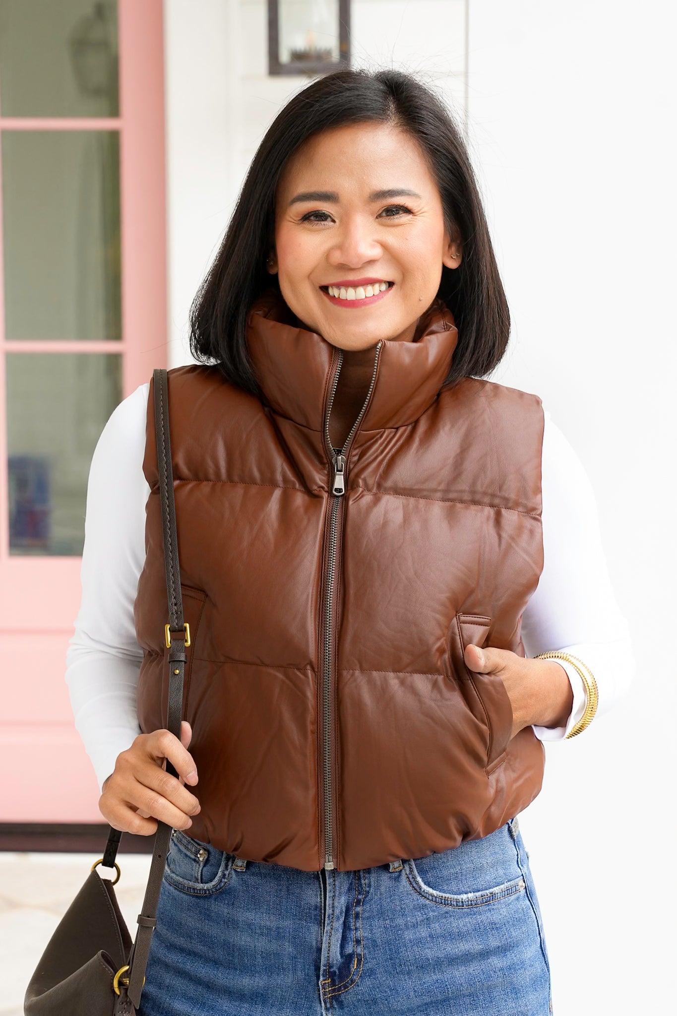 Vegan Leather Cropped Zip-Up Puffer Vest