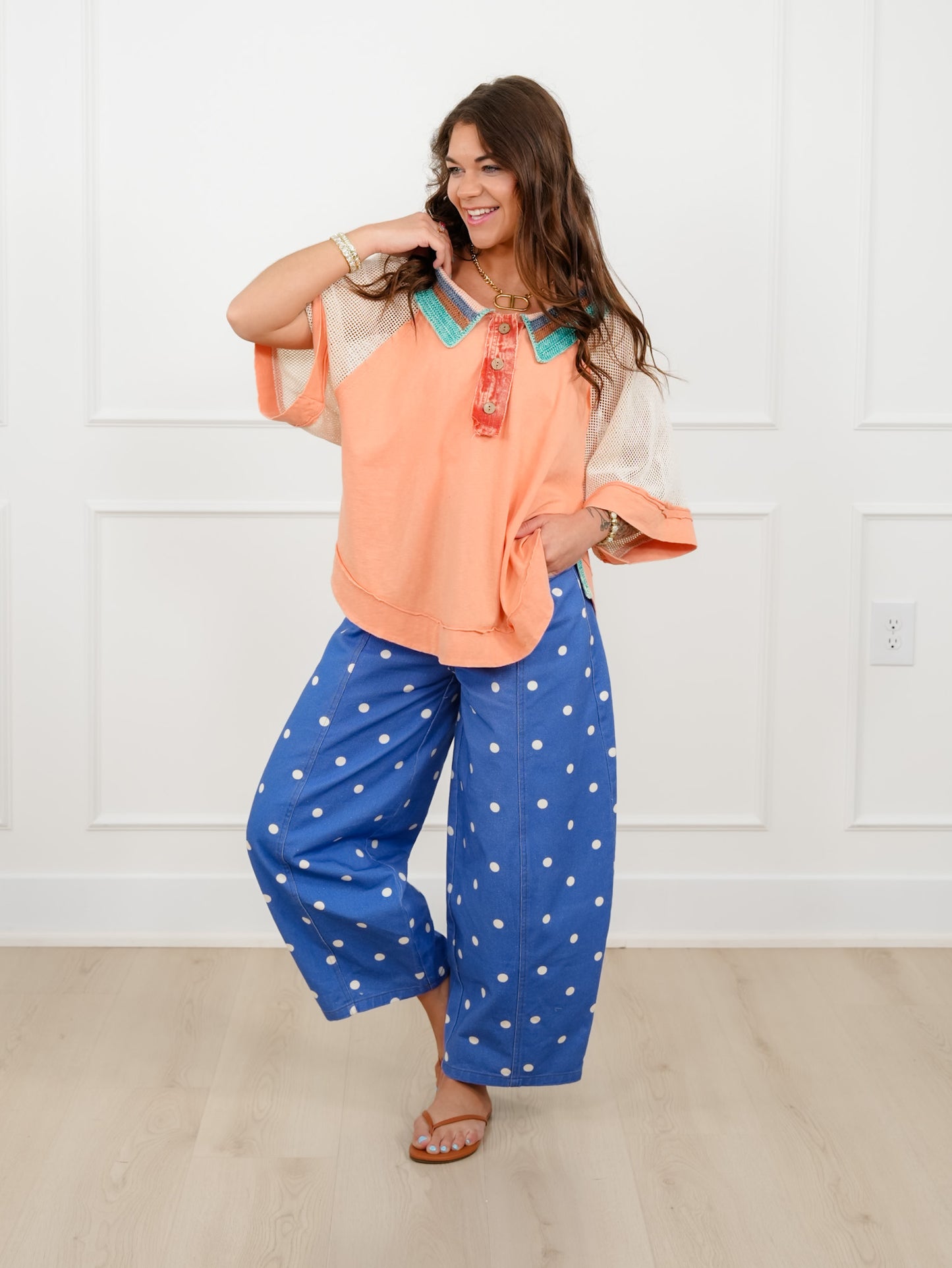 Washed Crochet Short Sleeve Collared Top