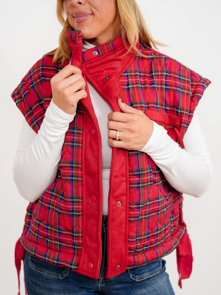 Quilted Plaid Fleece Snap Button Vest - Freckled Poppy