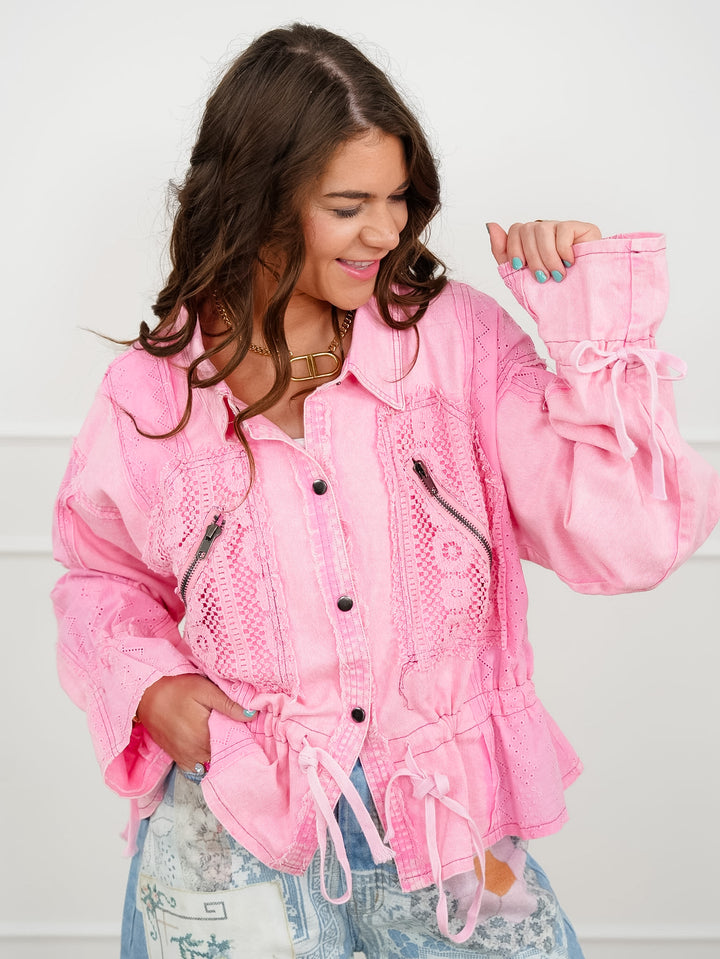 Pink Mineral Wash Long Sleeve Button Up Jacket With Lace