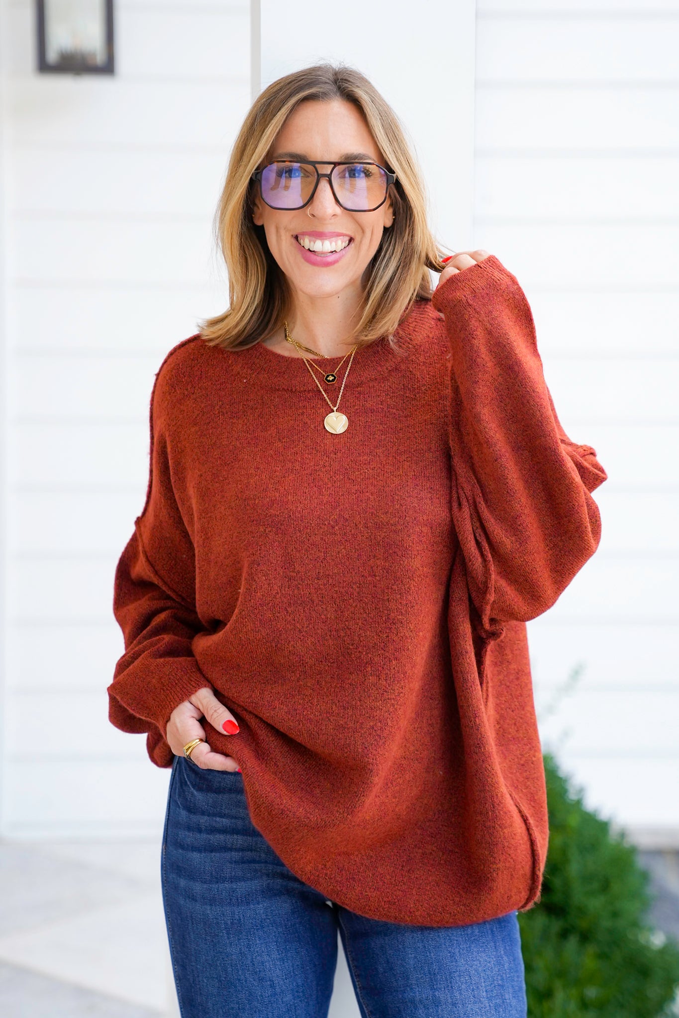 Door Buster! Zenana Oversized Round Neck Raw Seam Melange Sweater