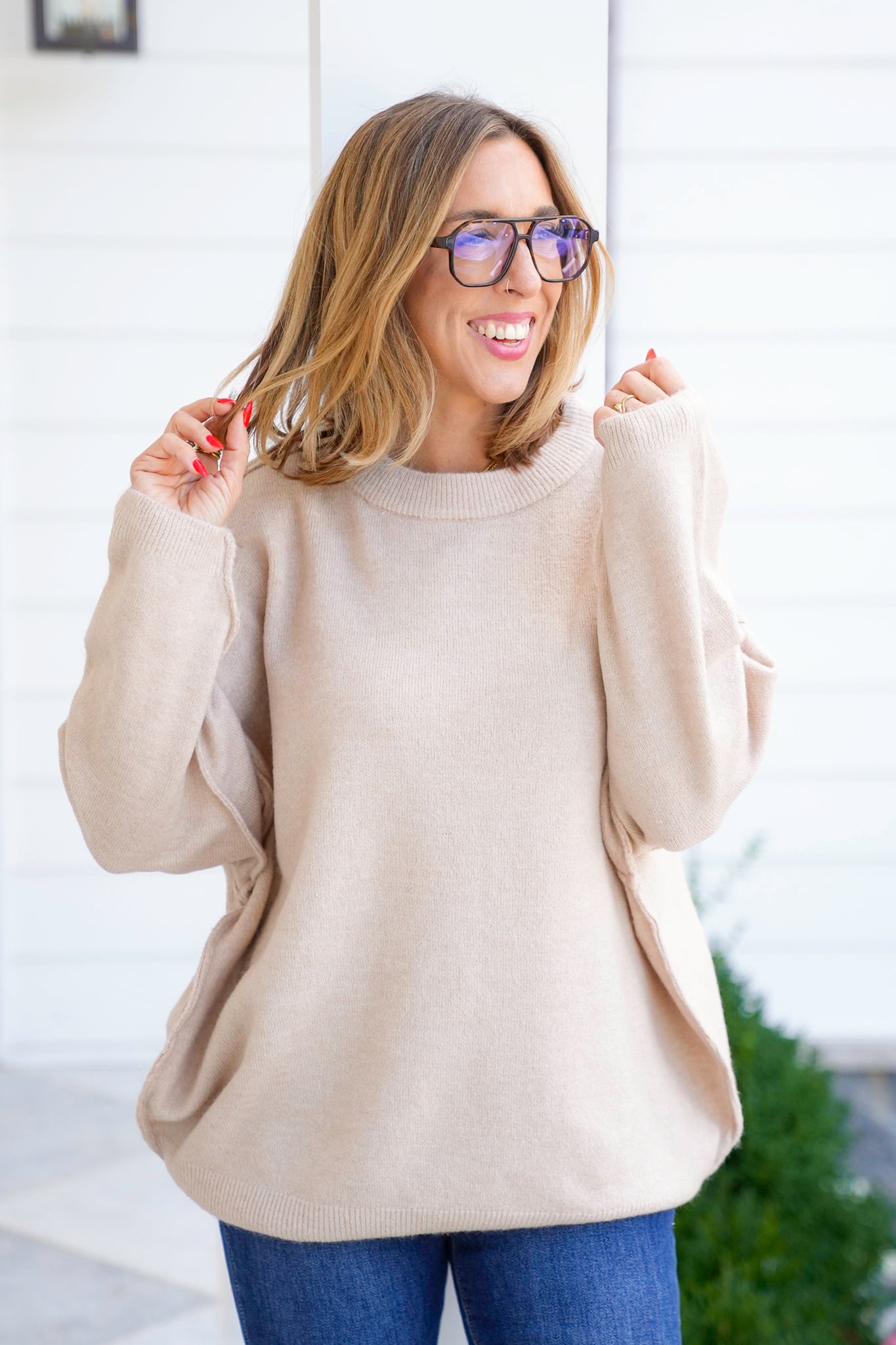Door Buster! Zenana Oversized Round Neck Raw Seam Melange Sweater
