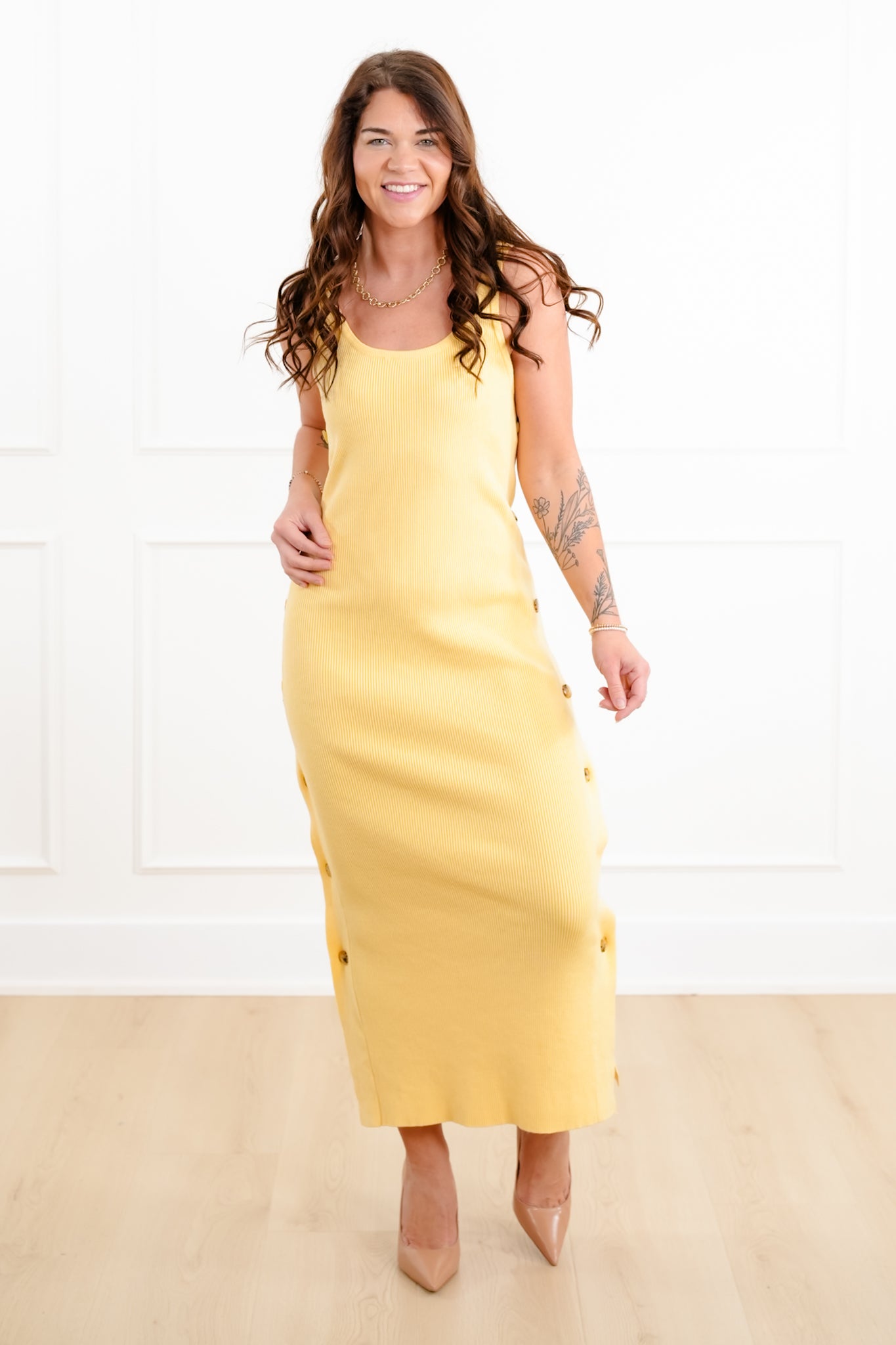 Ribbed Sleeveless Midi Sweater Dress with Button Accent Freckled Poppy Ribbed Sleeveless Midi Sweater Dress with Button Accent Freckled Poppy