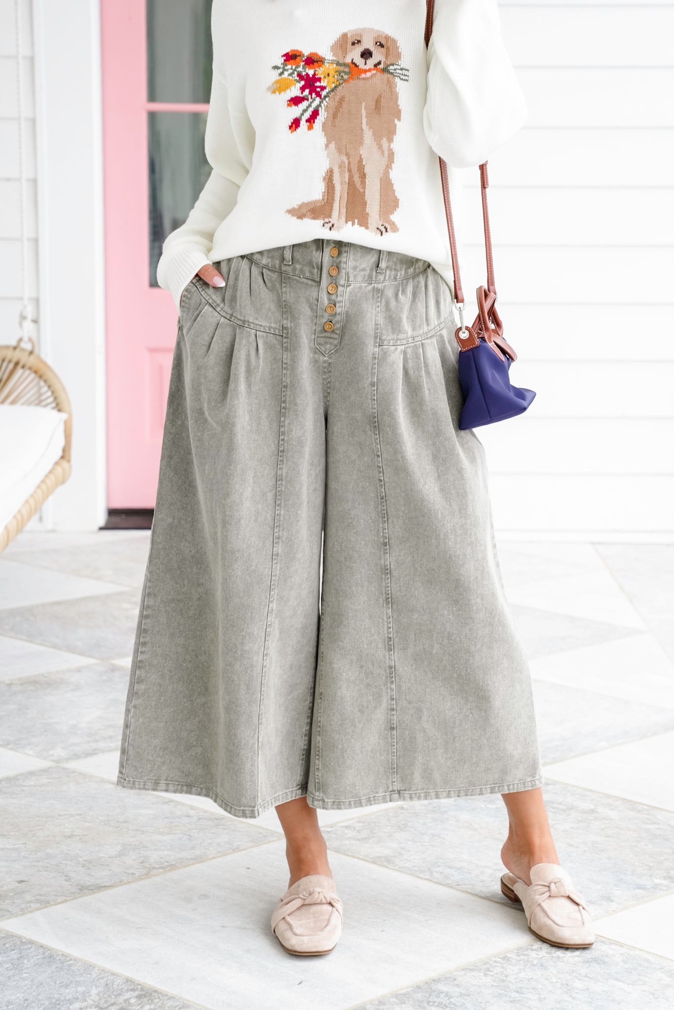 Twill Pleated Button Up Wide Leg Pants