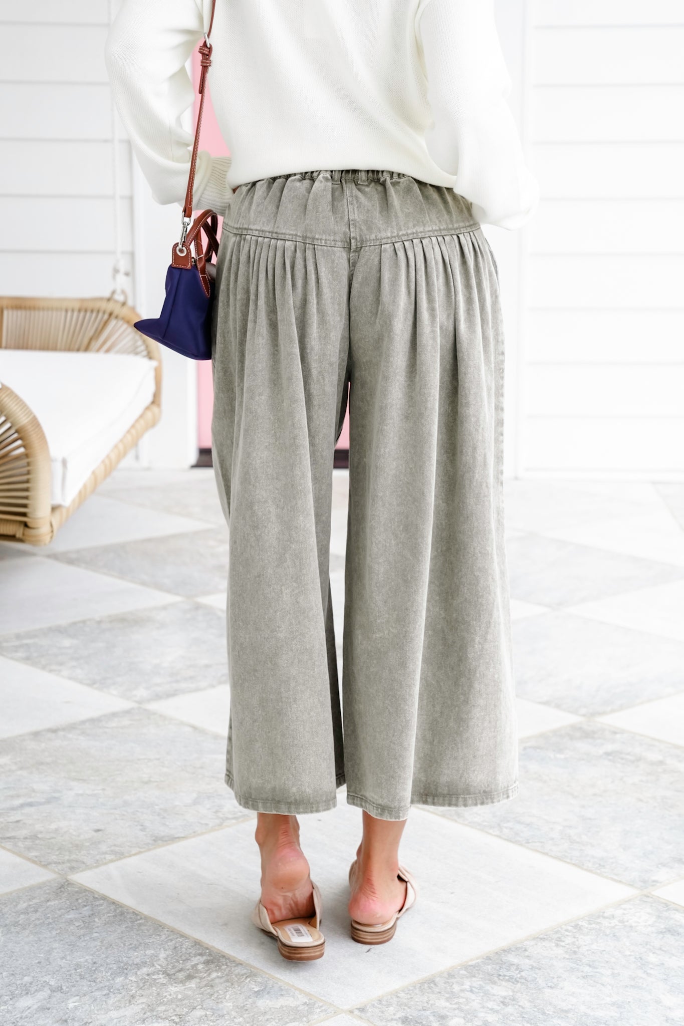 Twill Pleated Button Up Wide Leg Pants