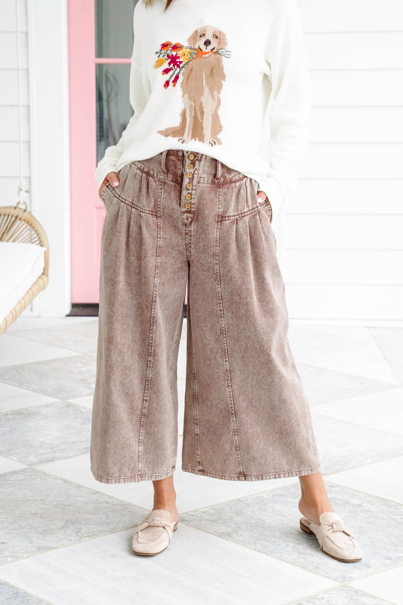 Twill Pleated Button Up Wide Leg Pants