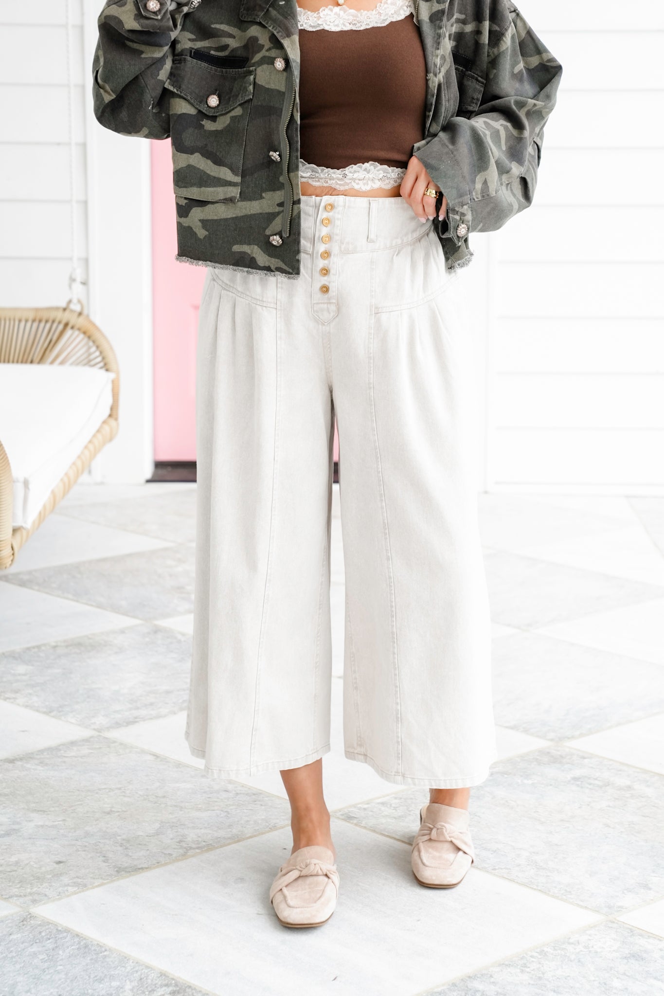 Twill Pleated Button Up Wide Leg Pants