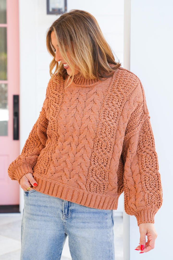 POL Cable Knit Long Sleeve Mock Neck Sweater Top
