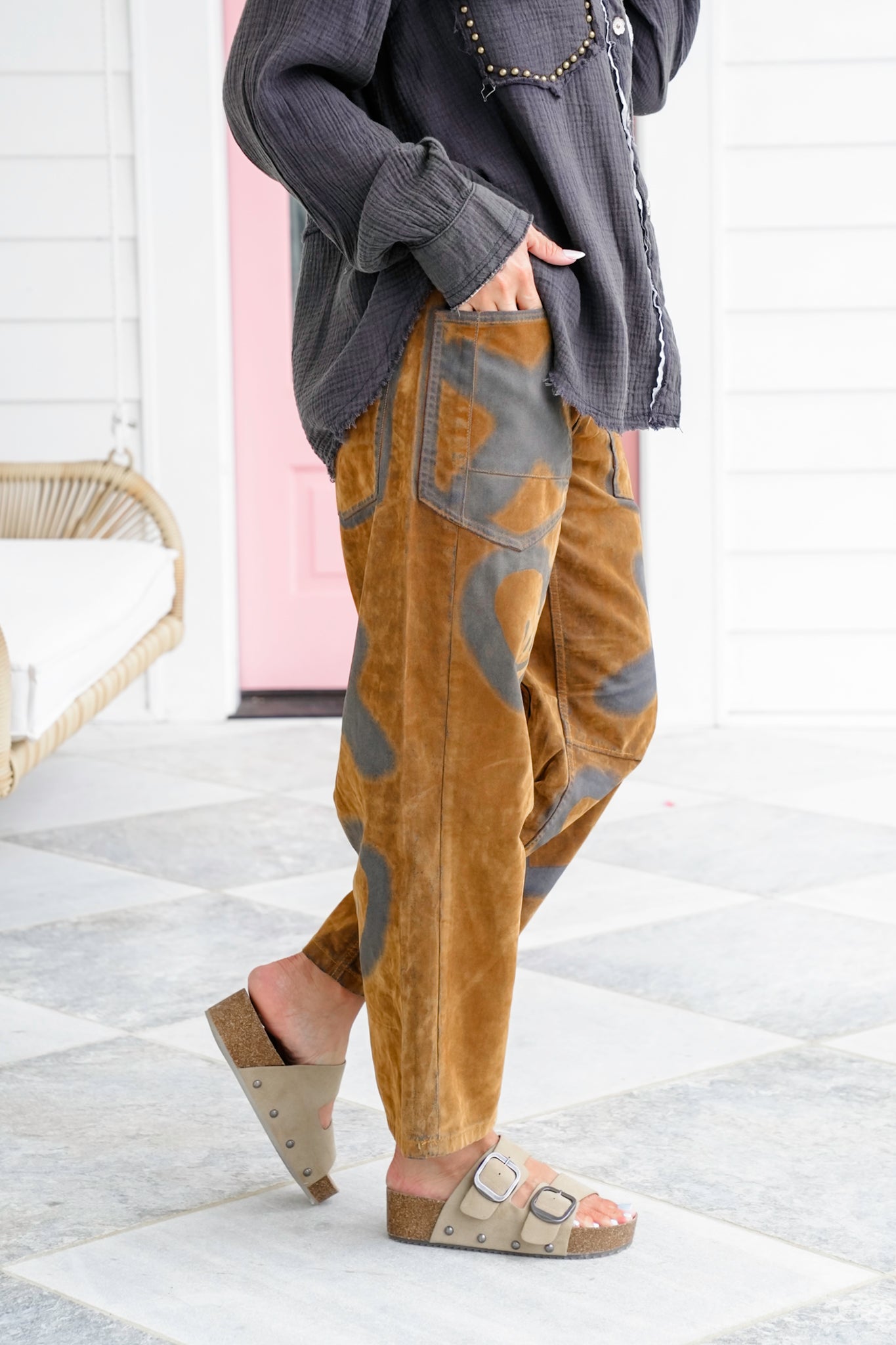 Vegan Suede Tie at the Waist Pants with Charcoal Graphic Detail