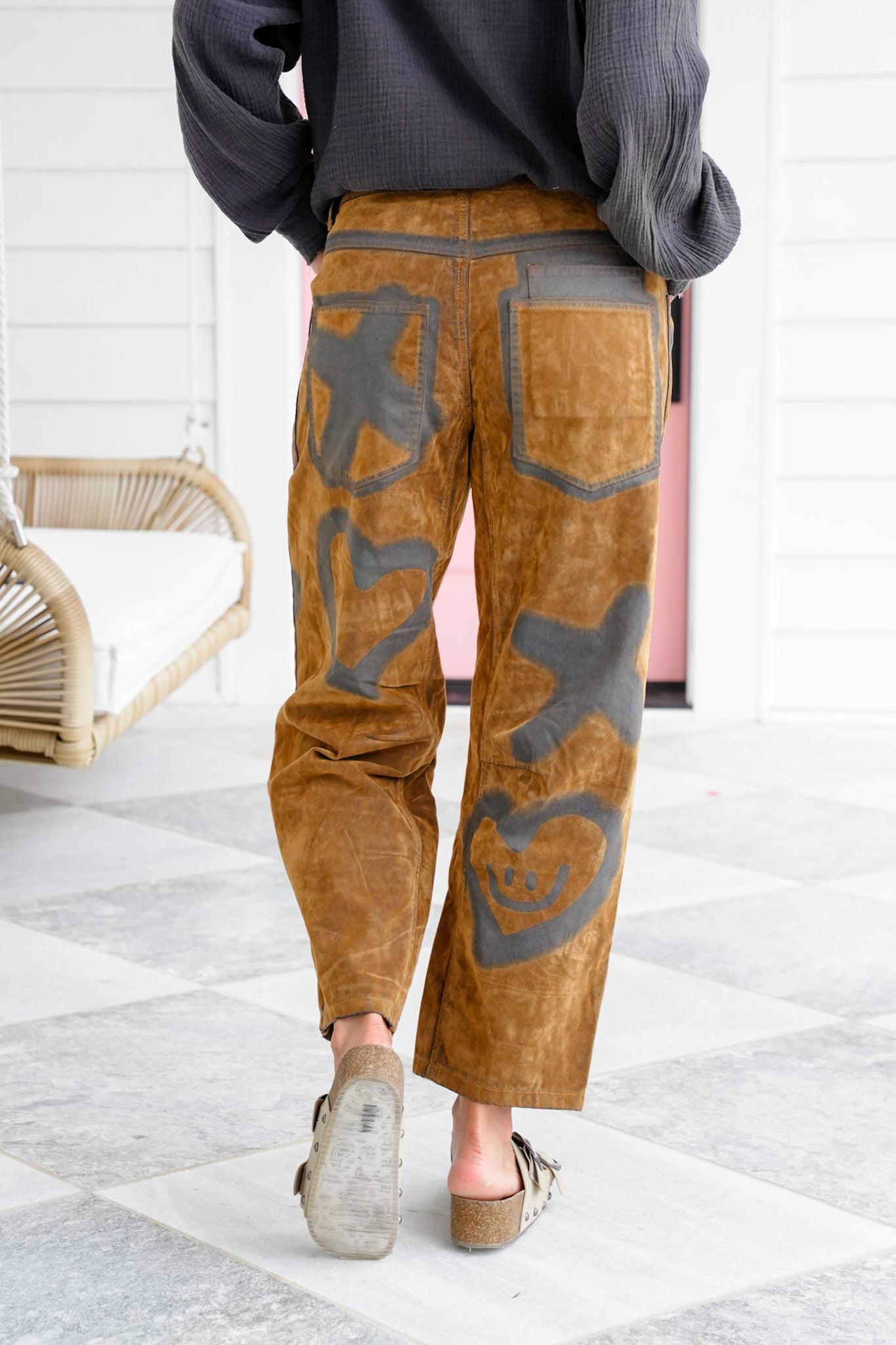 Vegan Suede Tie at the Waist Pants with Charcoal Graphic Detail