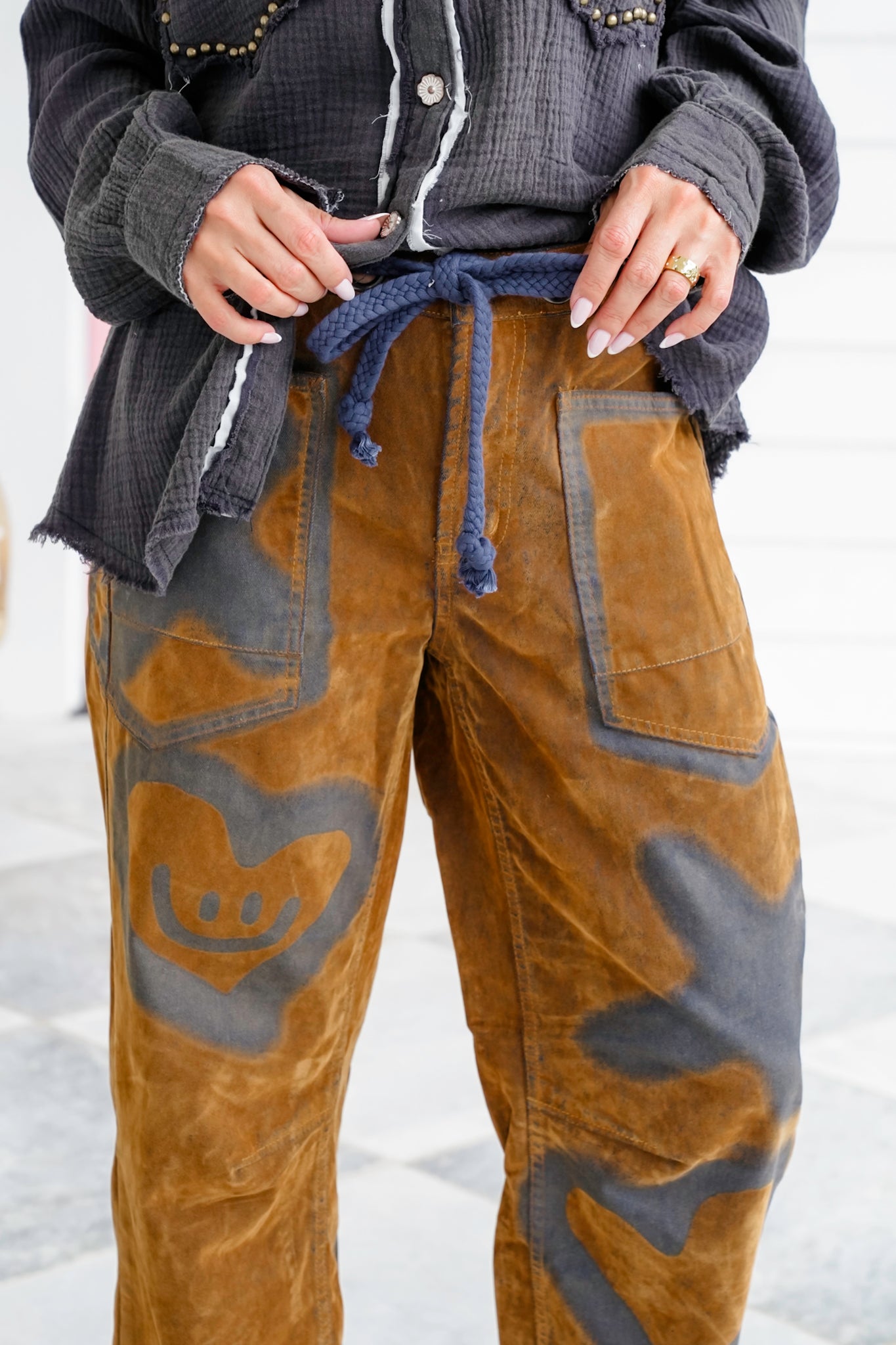 Vegan Suede Tie at the Waist Pants with Charcoal Graphic Detail