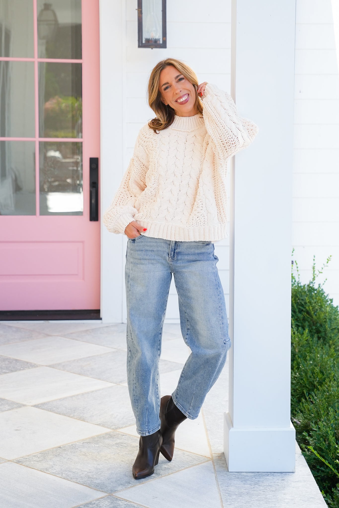 POL Cable Knit Long Sleeve Mock Neck Sweater Top