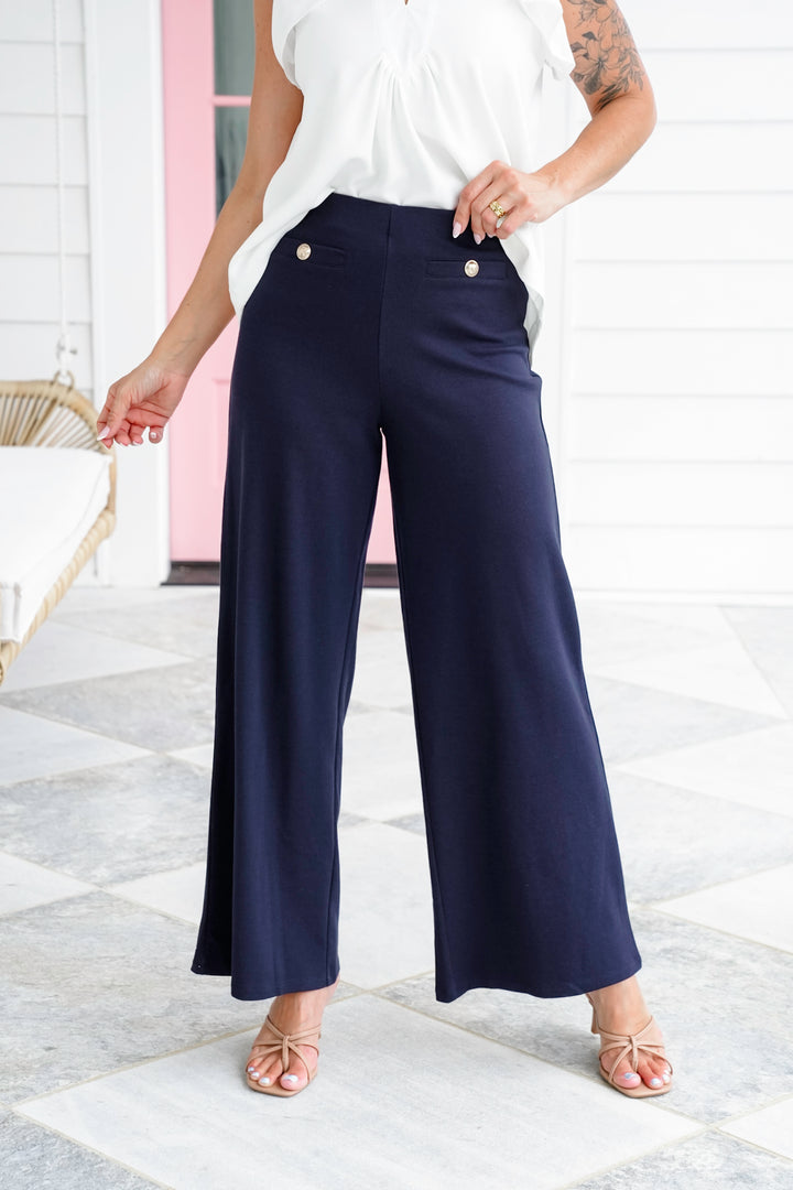 Navy Straight Leg Knit Pants with Button Detail