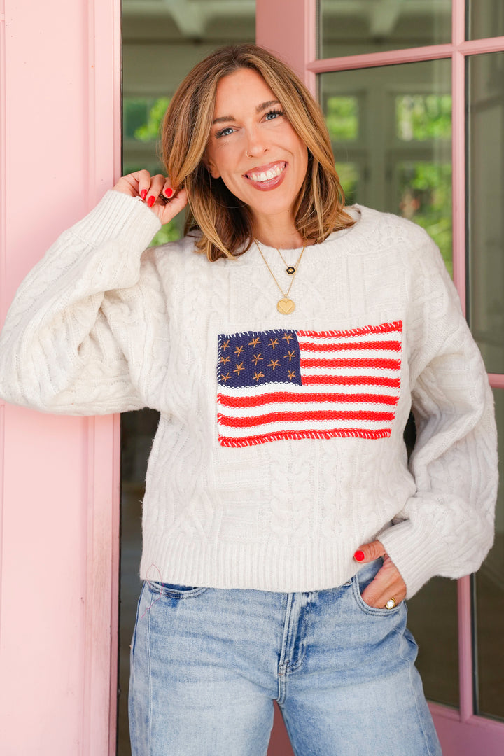 POL American Flag Print Long Sleeve Round Neck Sweater