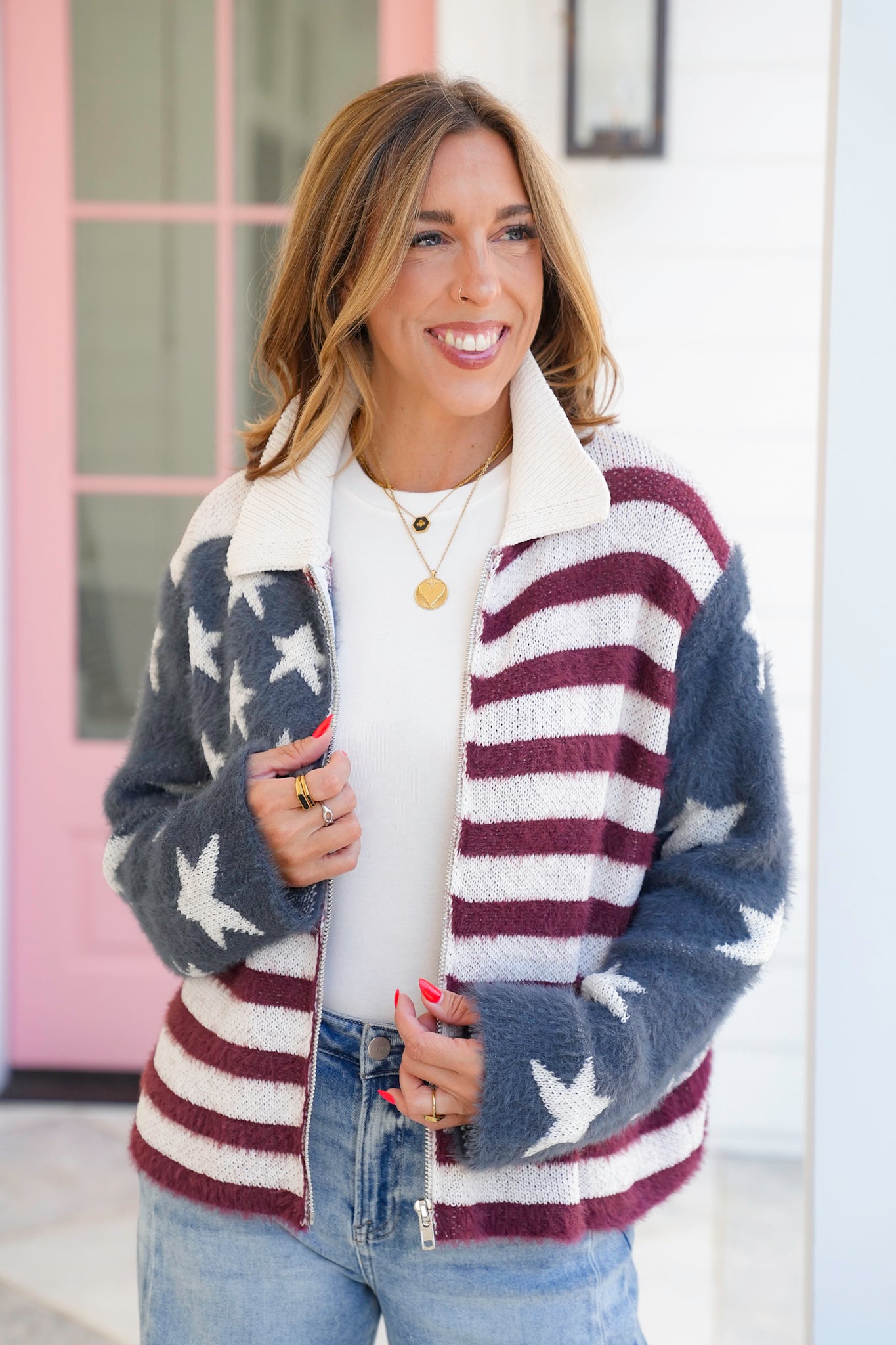POL American Flag Print Long Sleeve Zip Up Sweater Jacket