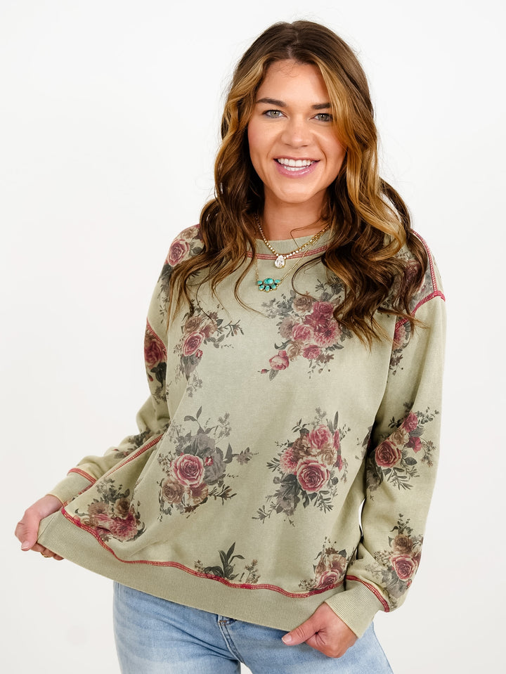 Plus/Reg Vintage Floral Print Long Sleeve Pullover Top - Freckled Poppy