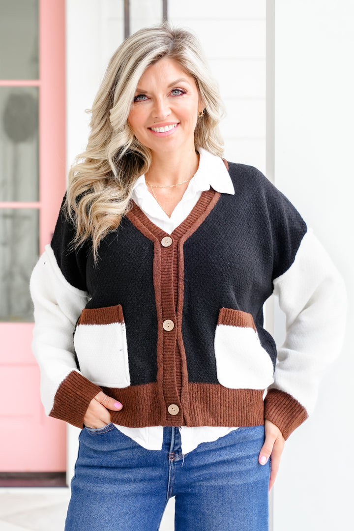 Long Sleeve Color Block Button Down Cardigan
