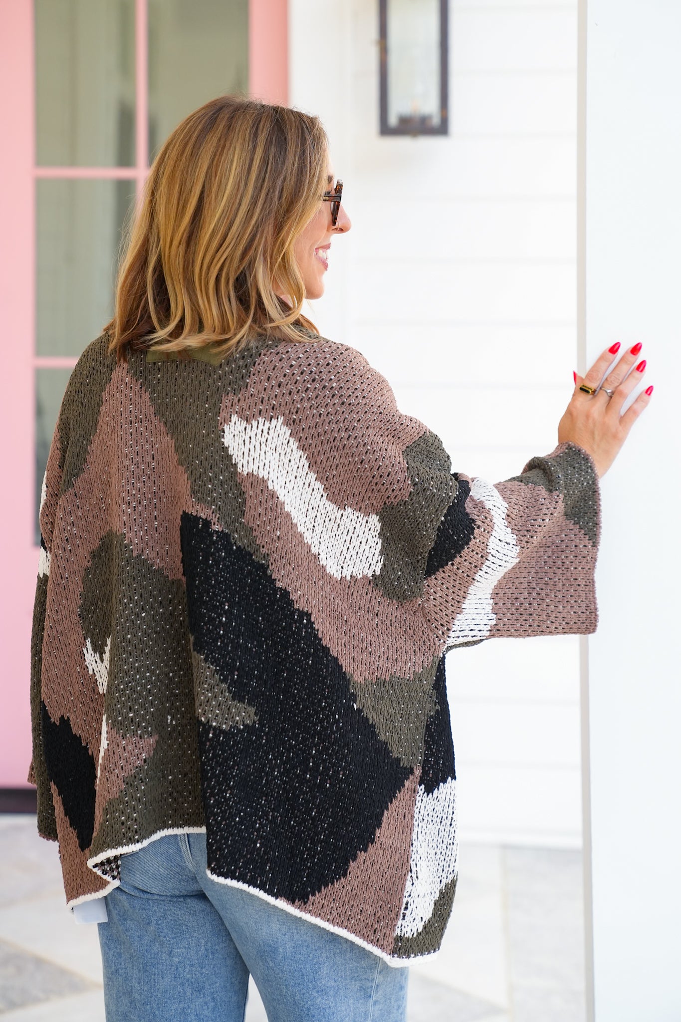POL Color Block 3/4 Sleeve Open Cardigan Sweater