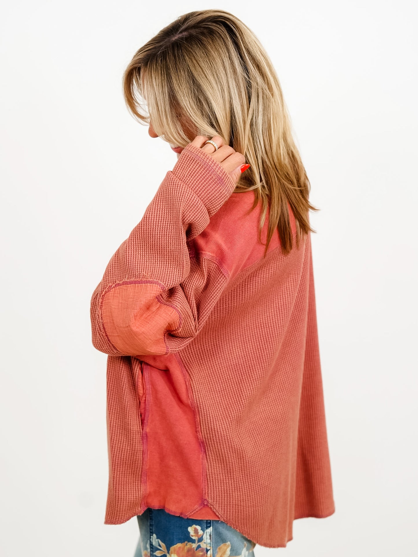 Waffle Knit Long Sleeve Top with Side Pockets