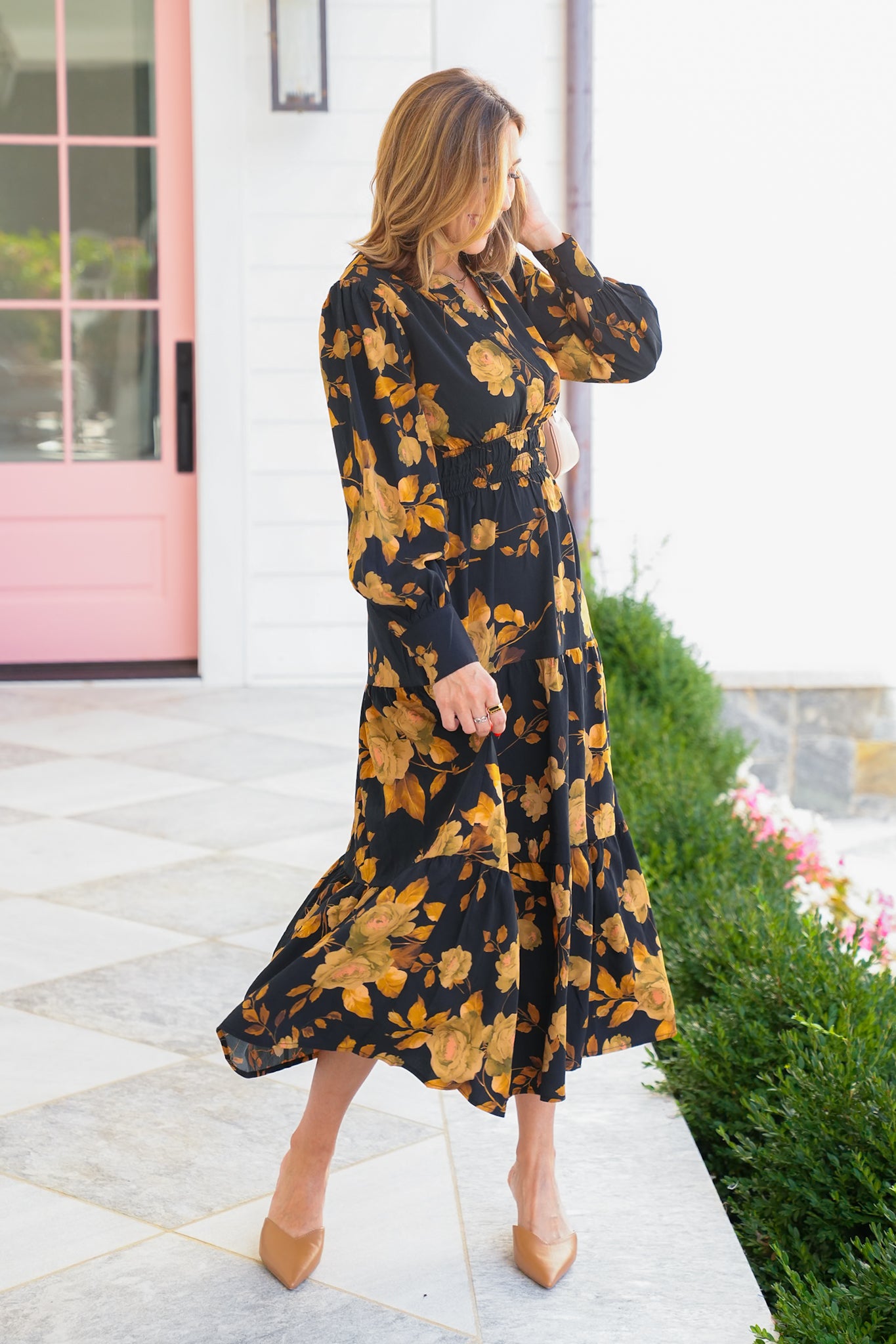 Plus/Reg Floral Long Sleeve Tiered Maxi Dress