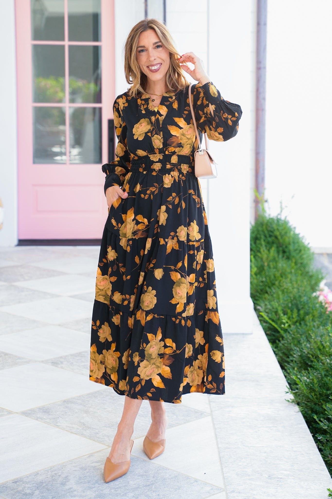 Plus/Reg Floral Long Sleeve Tiered Maxi Dress