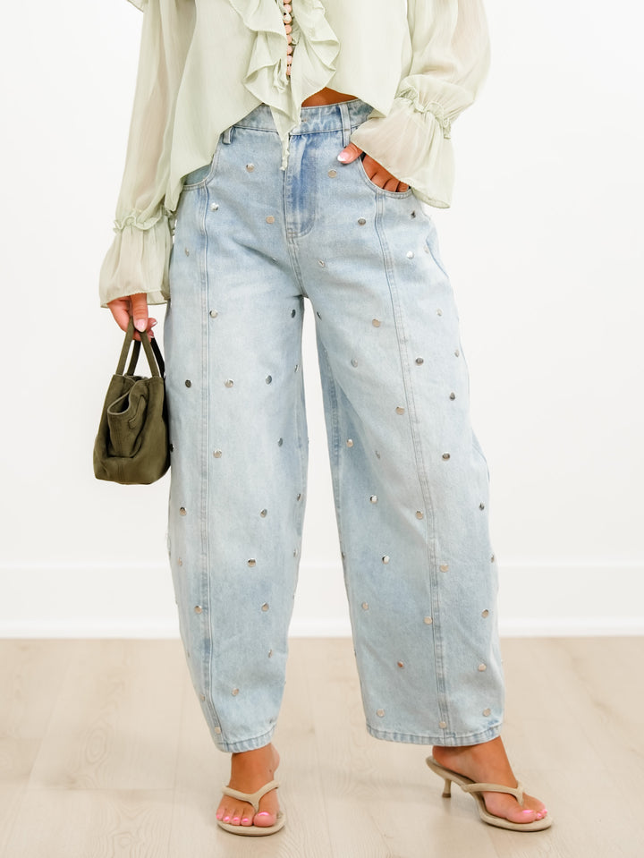 Light Wash Barrel Jeans with Studded Detail