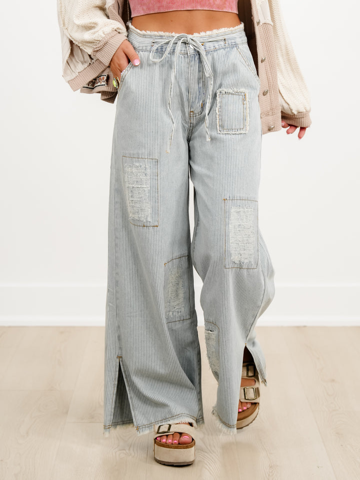 POL Denim Striped Wide Leg Pants with Distressing Detail - Freckled Poppy