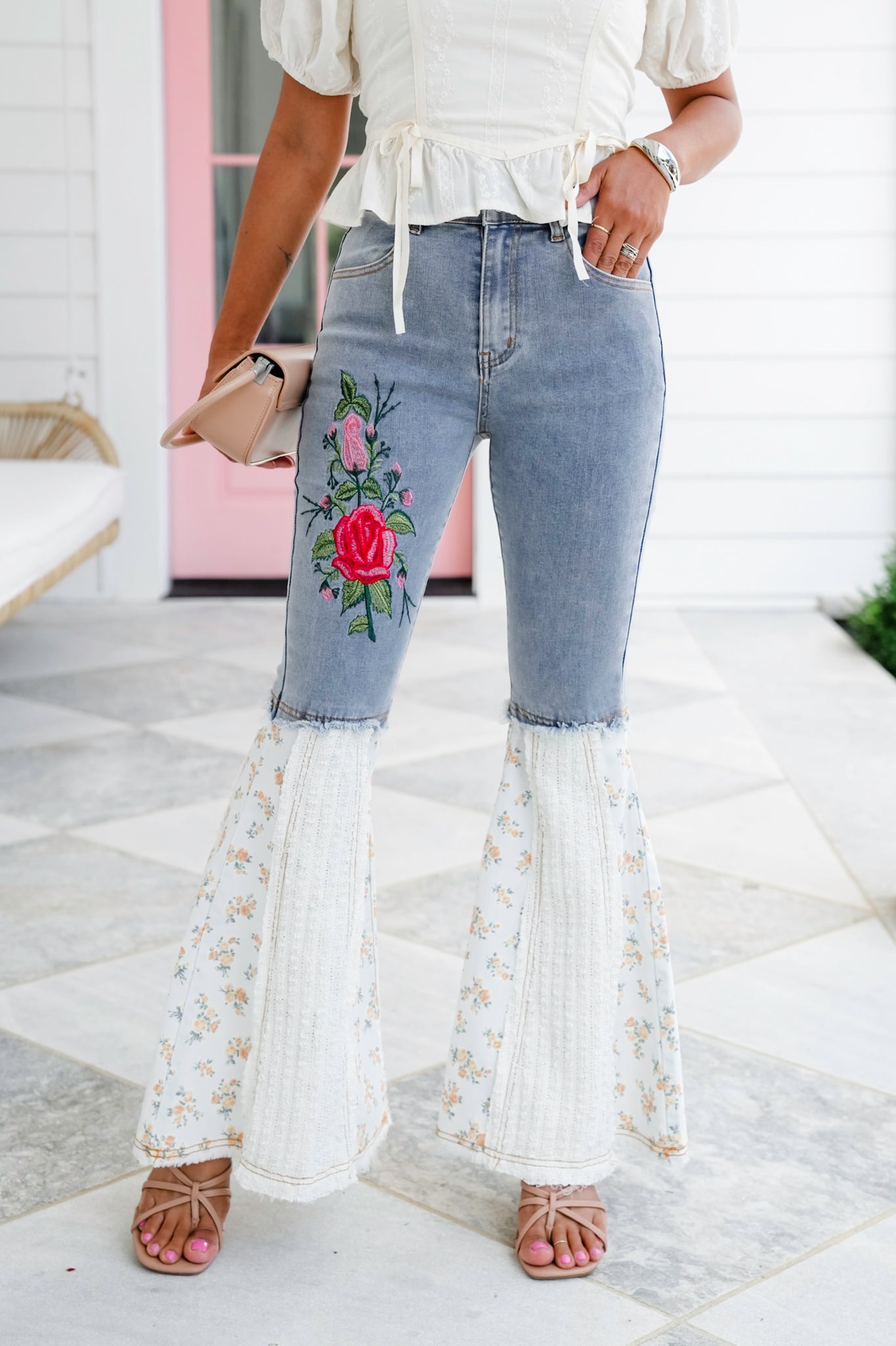 POL Denim Floral Flare Leg Jeans with Embroidery Detail