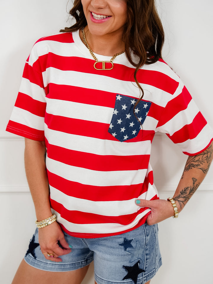 Stars and Stripes Short Sleeve Top with Chest Pocket