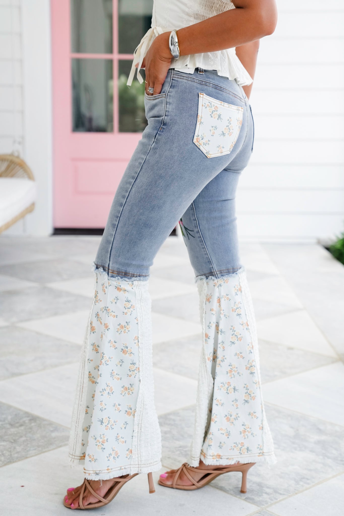 POL Denim Floral Flare Leg Jeans with Embroidery Detail