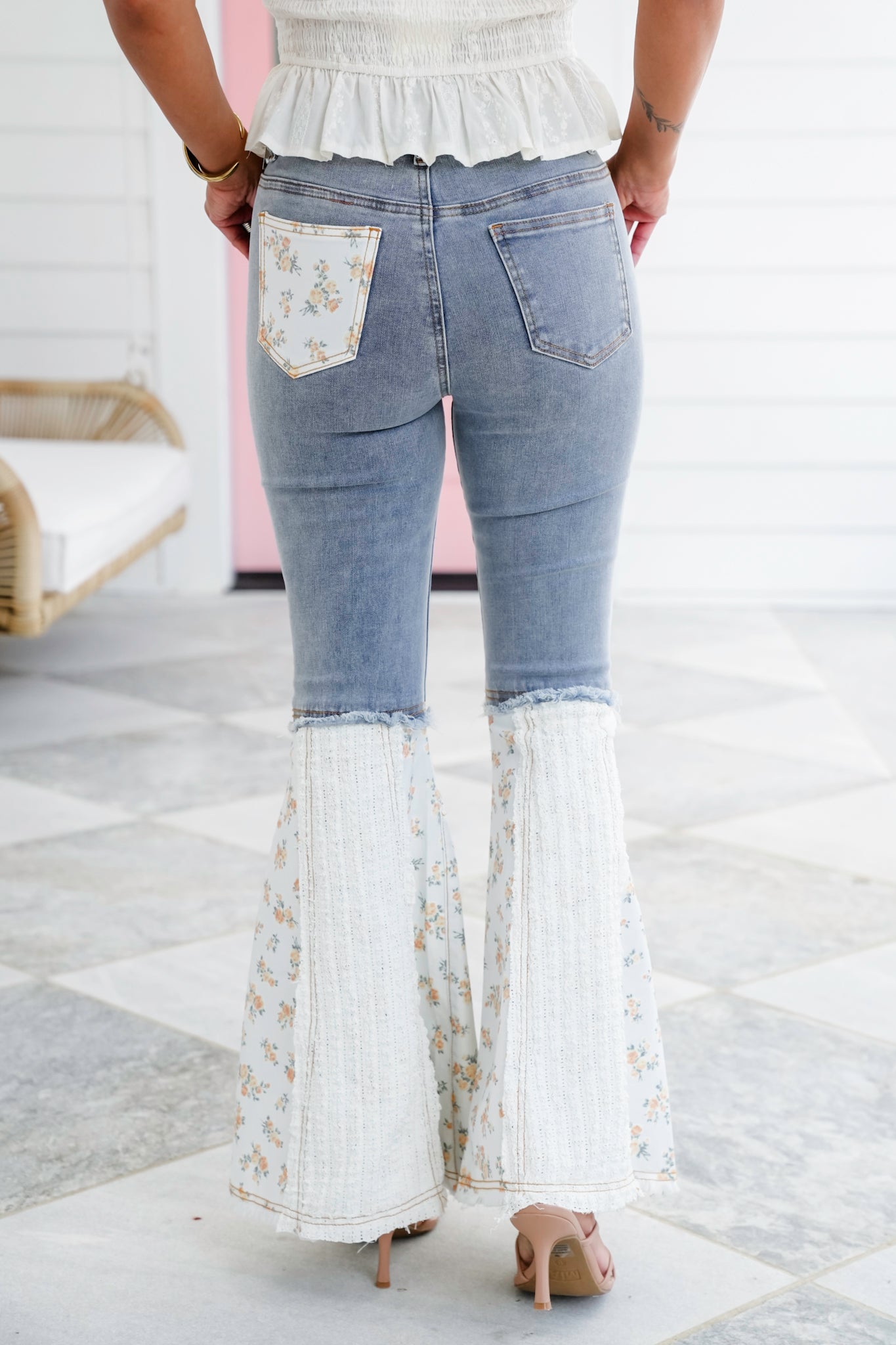 POL Denim Floral Flare Leg Jeans with Embroidery Detail