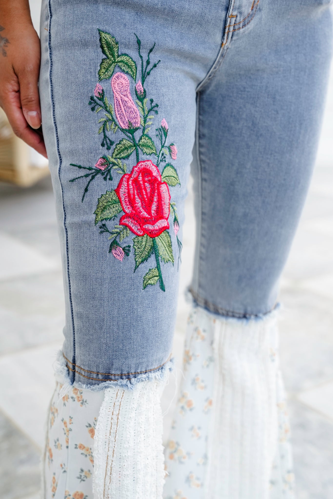 POL Denim Floral Flare Leg Jeans with Embroidery Detail