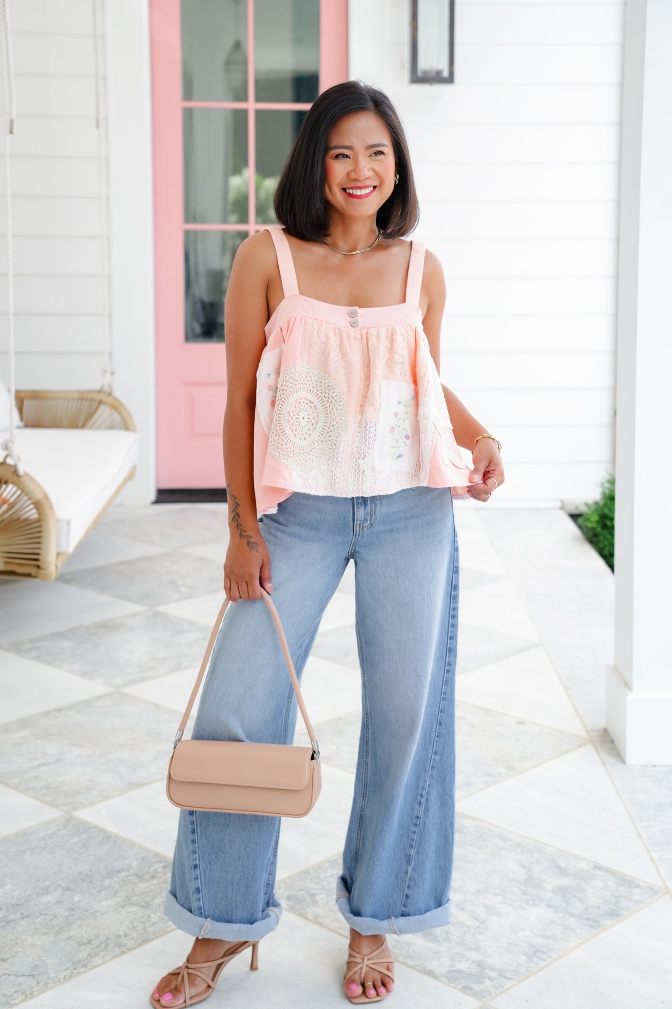 POL Sleeveless A-Line Top with Lace Detail