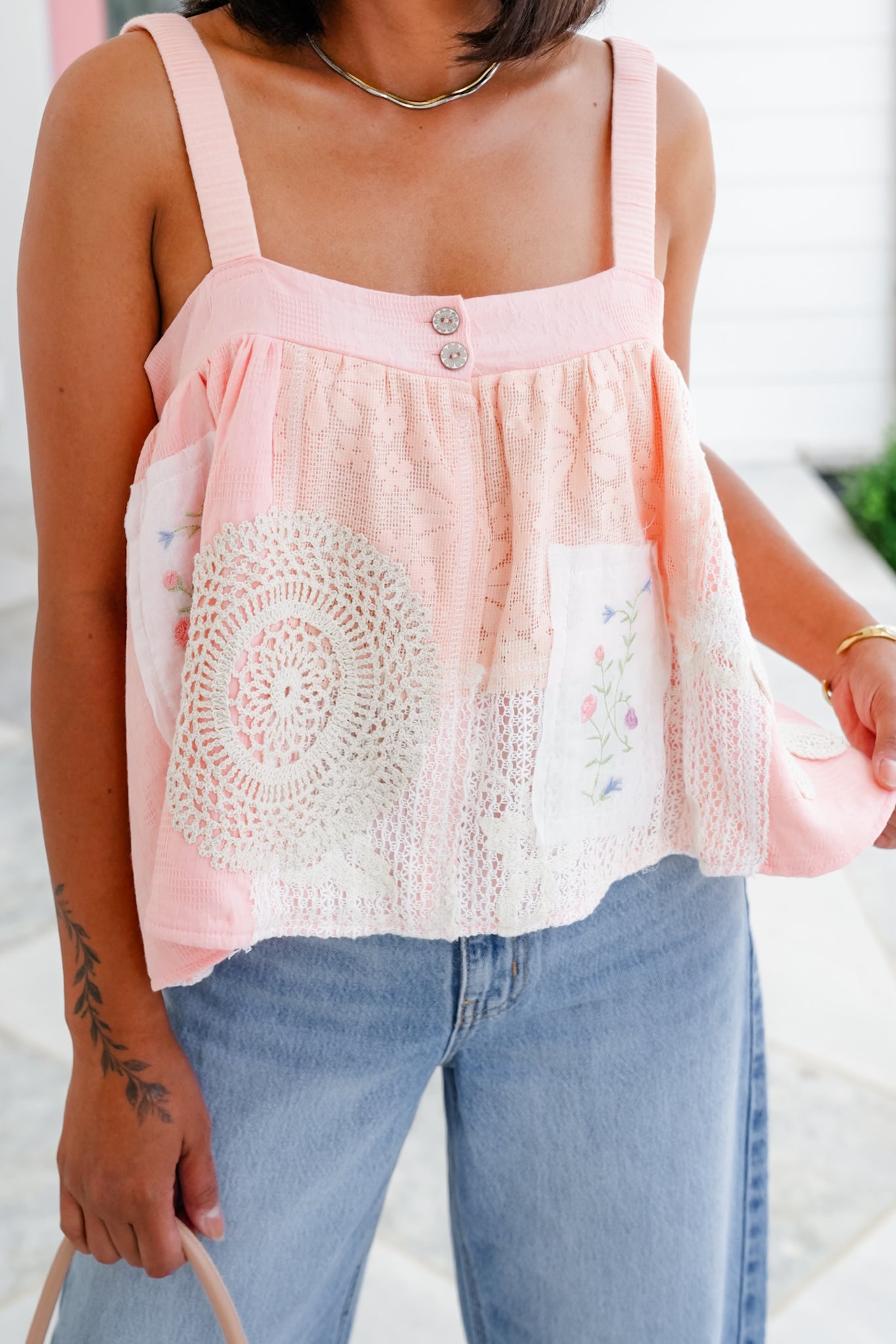 POL Sleeveless A-Line Top with Lace Detail