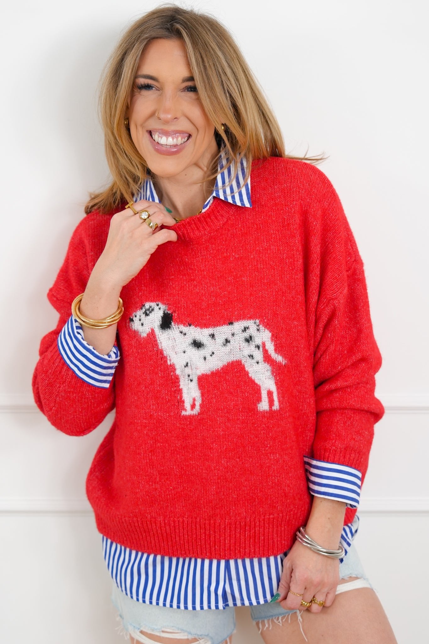 Knit Long Sleeve Dalmatian Dog Pullover Sweater - Freckled Poppy