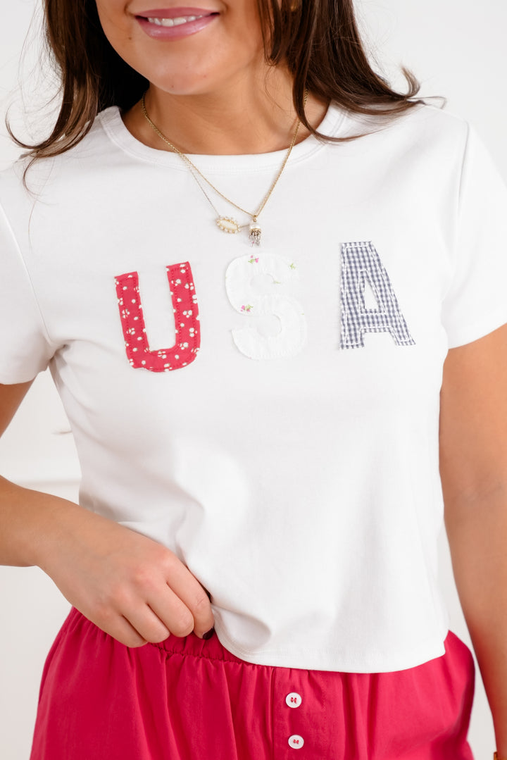 USA Patchwork Short Sleeve Crop Tee Shirt