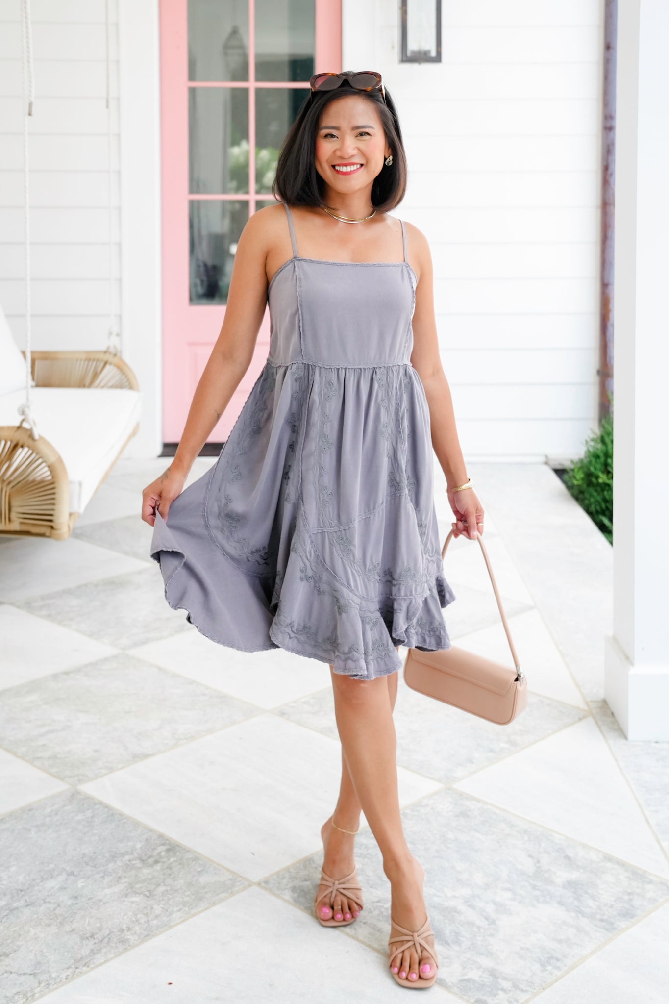 POL Sleeveless Square Neck Mini Dress with Embroidery Detail