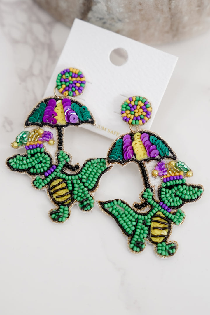 Mardi Gras Alligator Beaded Earrings Fun Festive Jewelry Accessory