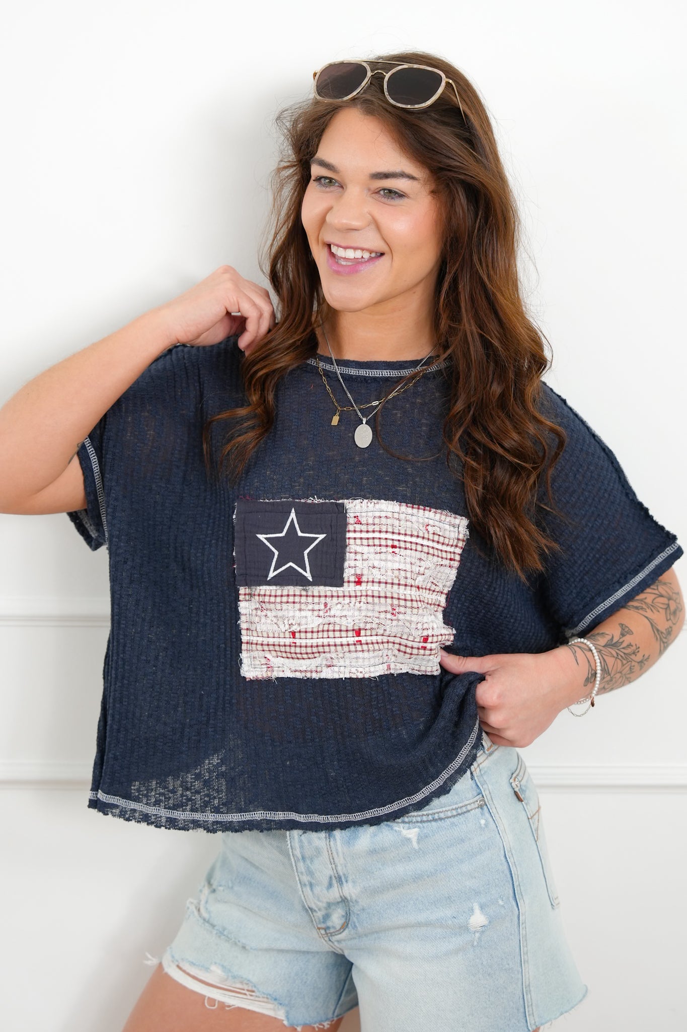 POL American Flag Patchwork Short Sleeve Top with Open Back Design