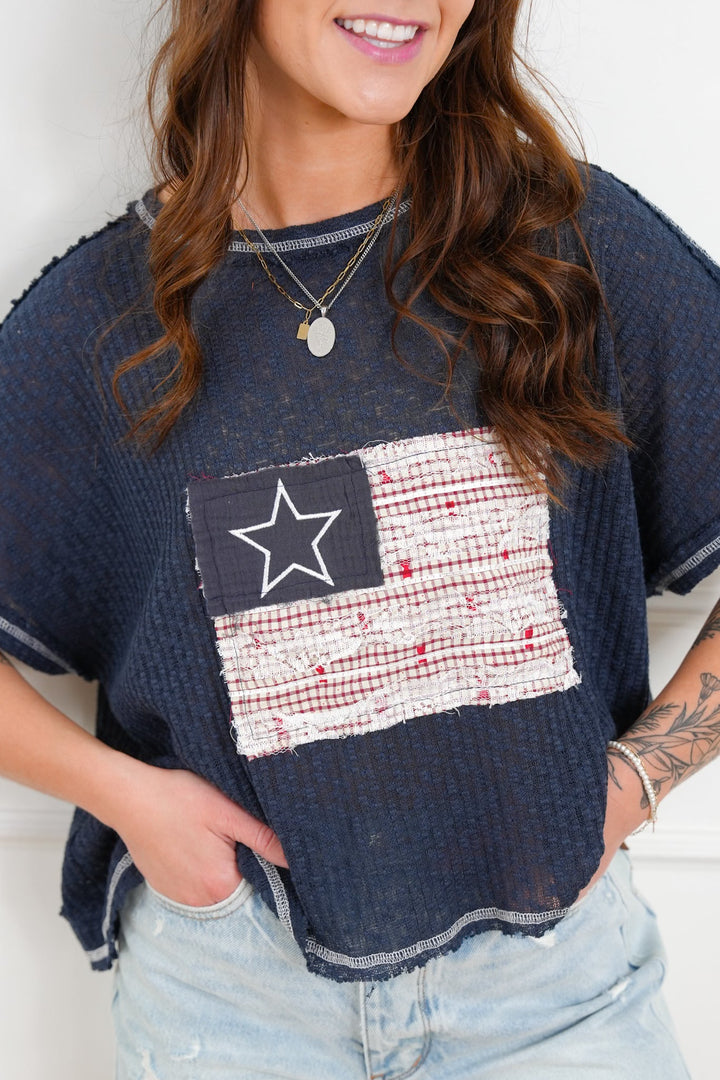 POL American Flag Patchwork Short Sleeve Top with Open Back Design - Freckled Poppy