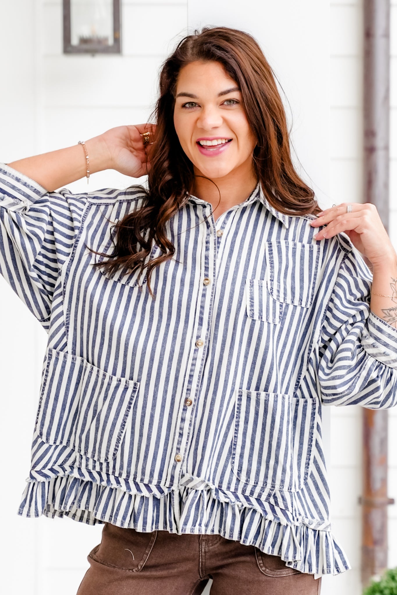 Striped 3/4 Sleeve Button Down Top