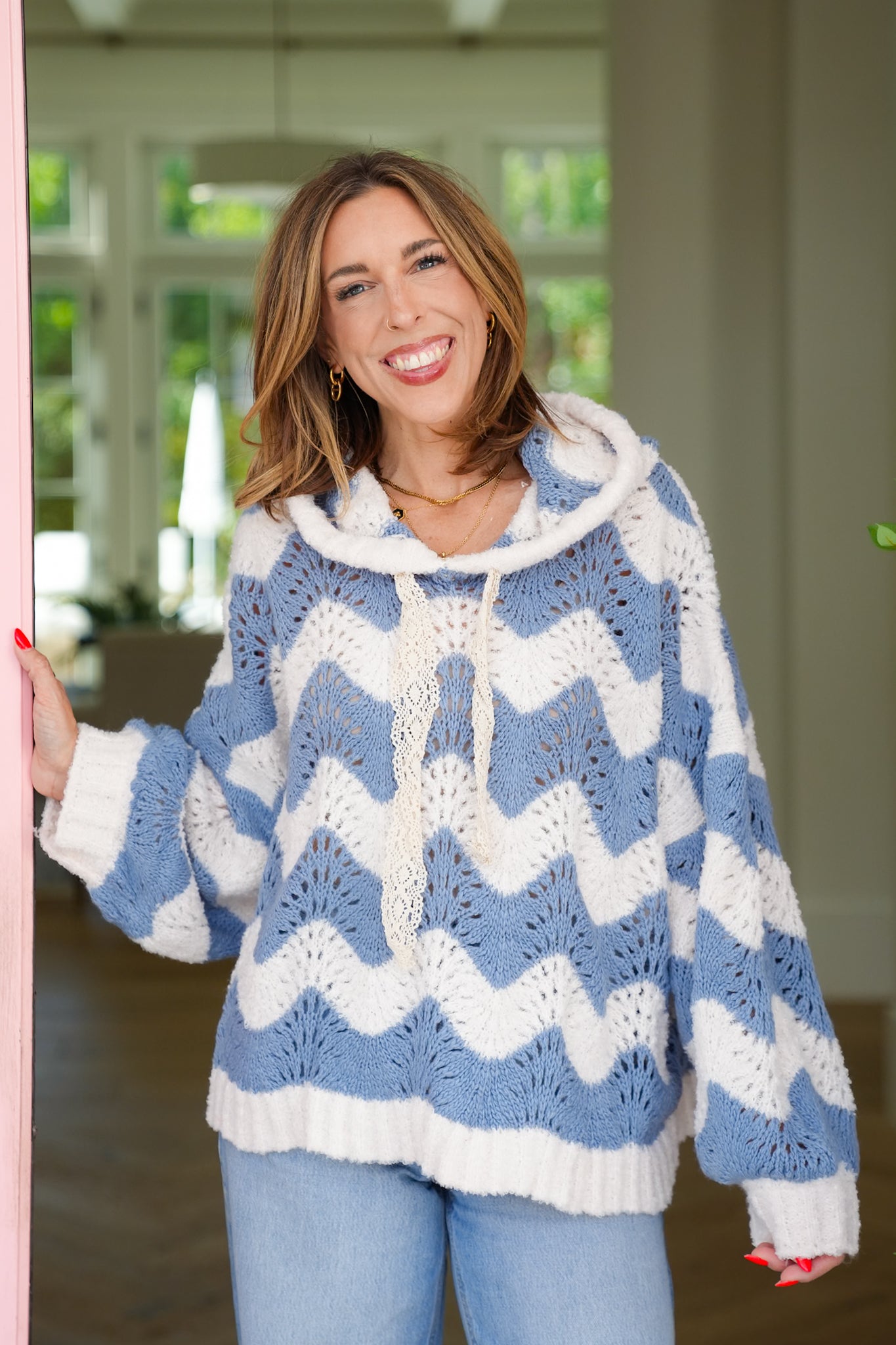 POL Chevon Print Long Sleeve Hoodie Sweater Top