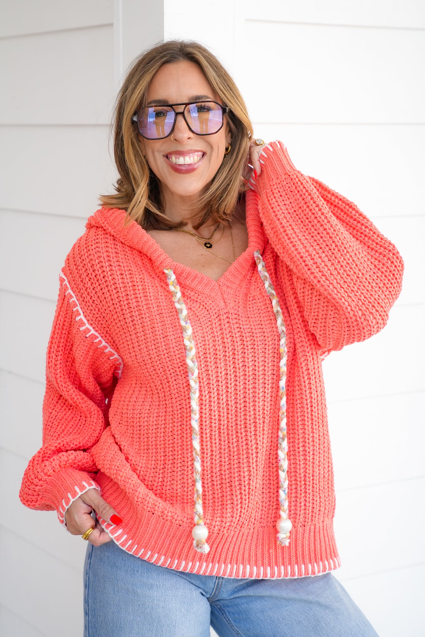 POL Long Sleeve V Neck Hoodie Sweater Top