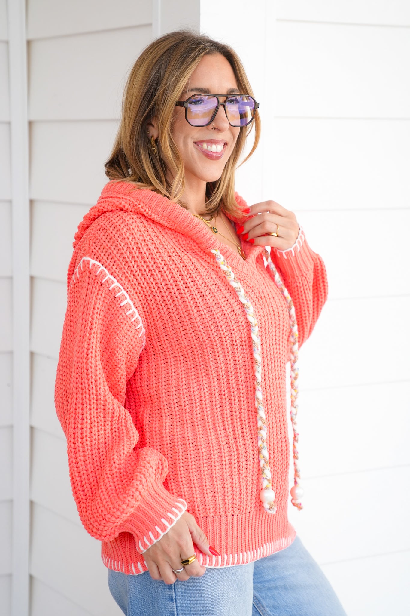 POL Long Sleeve V Neck Hoodie Sweater Top
