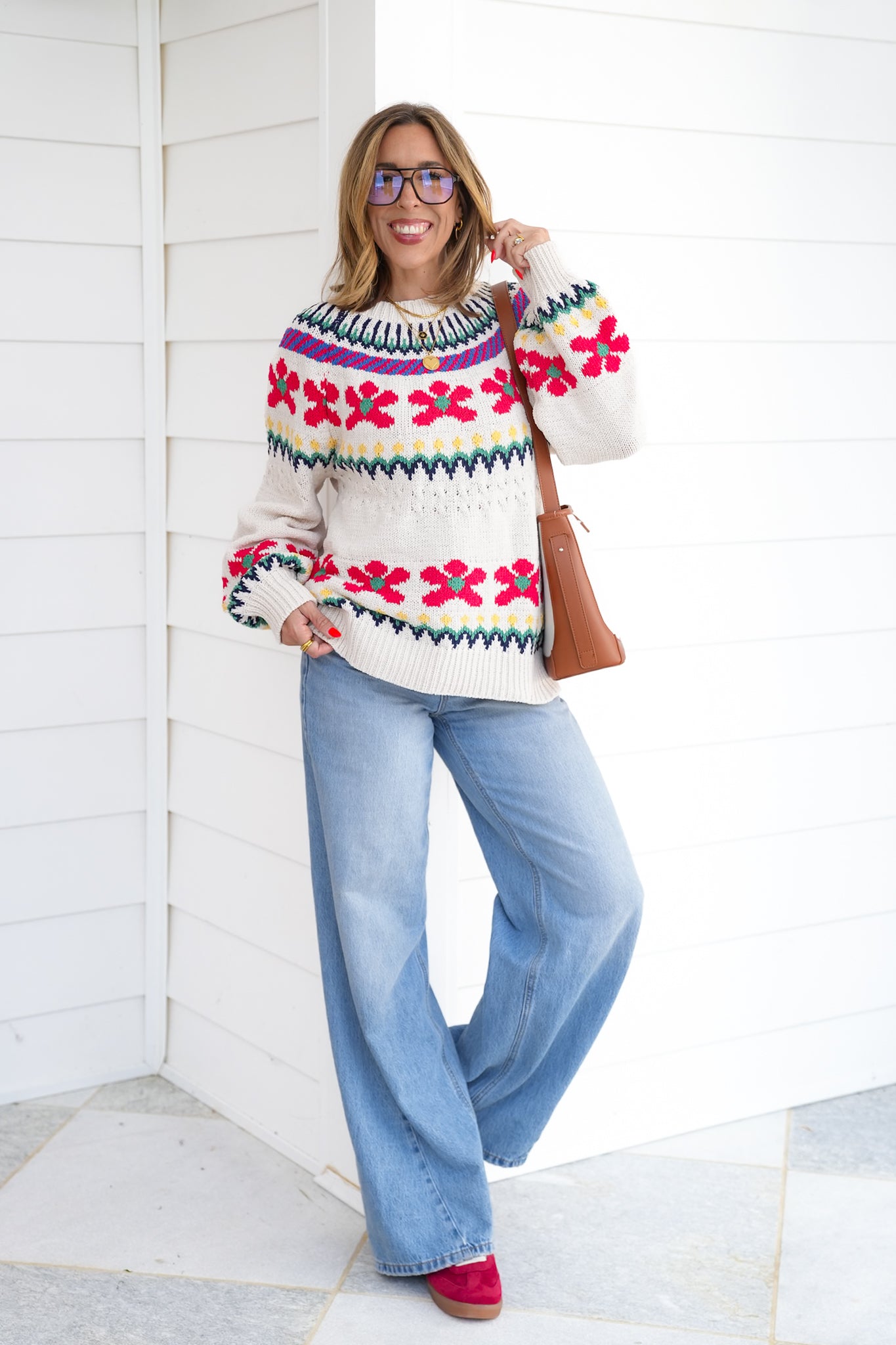 POL Floral Print Long Sleeve Round Neck Sweater